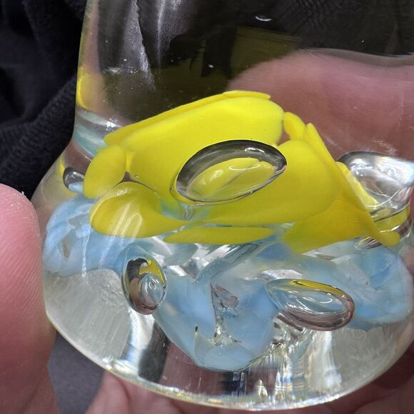 Joe St. Claire Glass Paperweight Bell Yellow and Light Blue Flowers - Picture 9 of 10